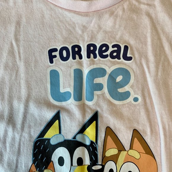 BLUEY & BINGO Girls Graphic Tee Shirt 4 4T "For Real Life" Pink T-Shirt Top Girl - Picture 3 of 7